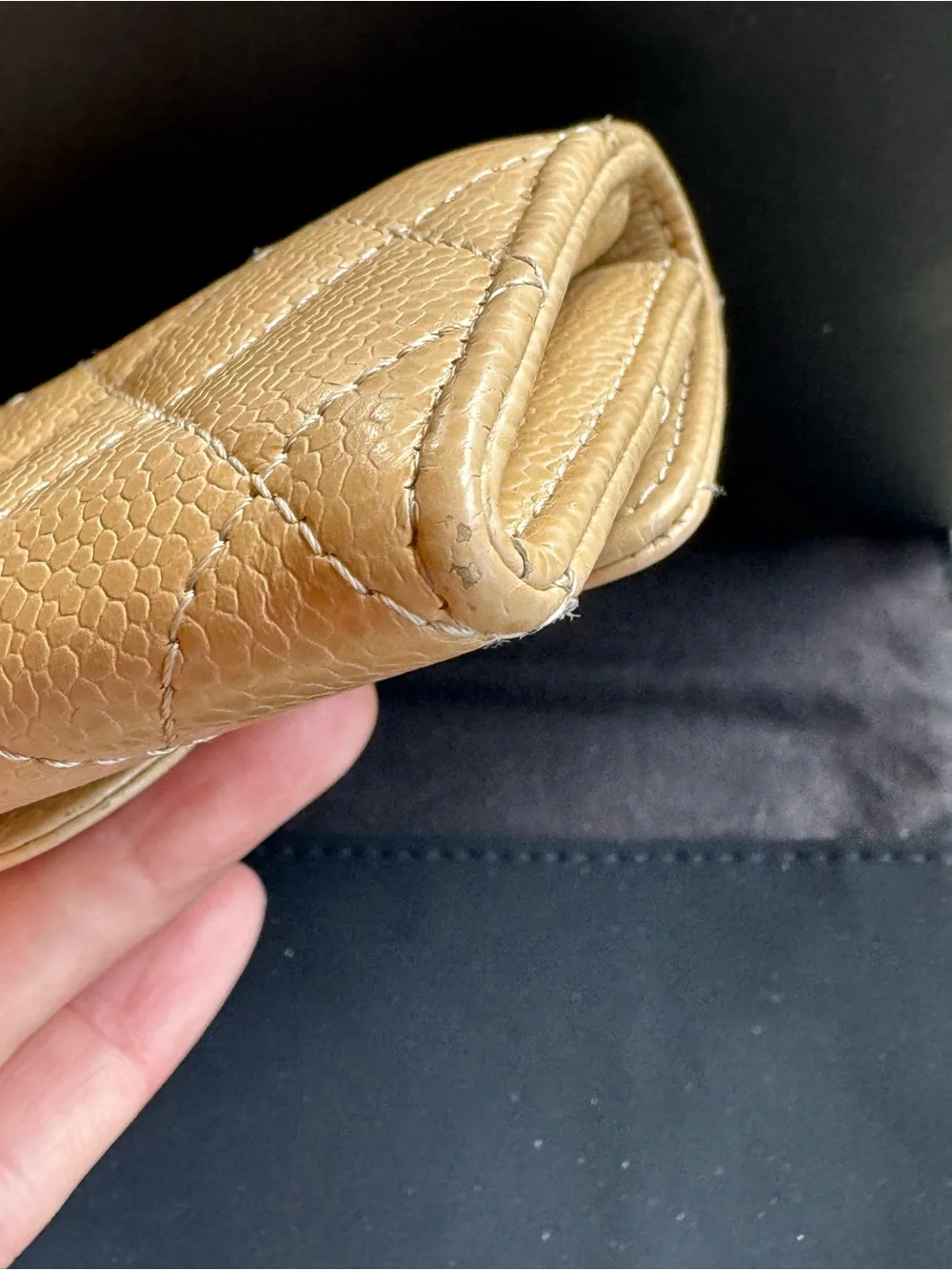 CHANEL Beige Quilted Caviar Leather Card Holder with Silver CC